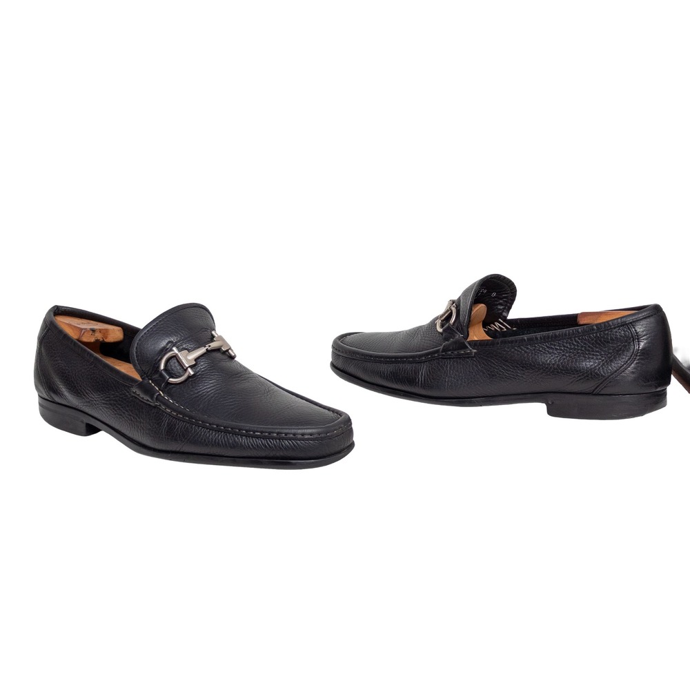 Salvatore Ferragamo Mens Gancini Bit Loafers Black Pebbled Leather 10.5 D